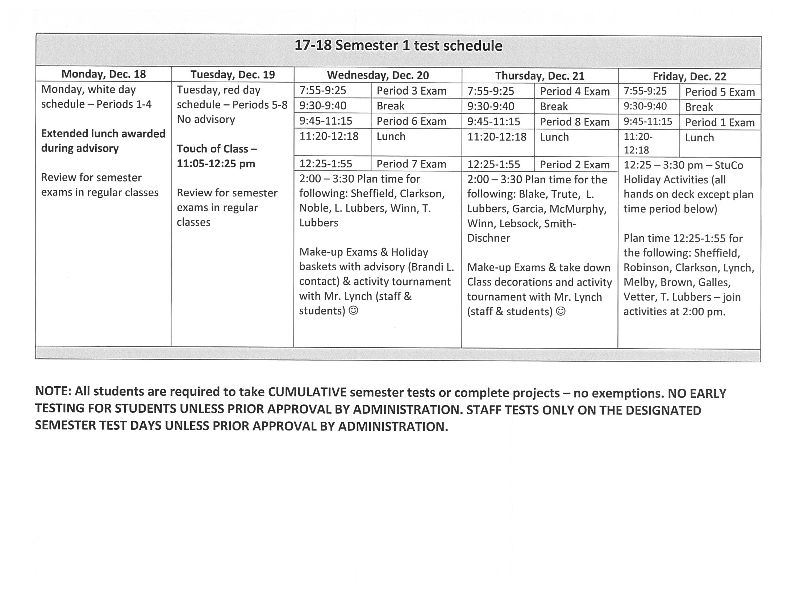 YHS Finals Schedule - Semester 1