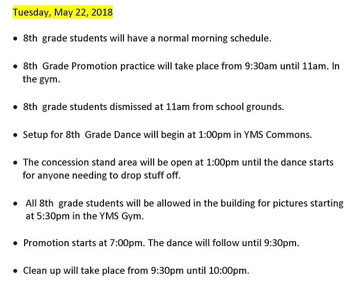 8th Grade Promotion Schedule