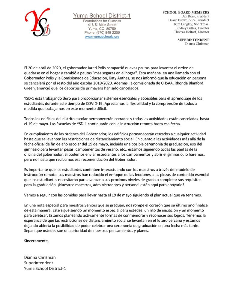 YSD-1 COVID-19 Response Update Spanish 4.21.2020